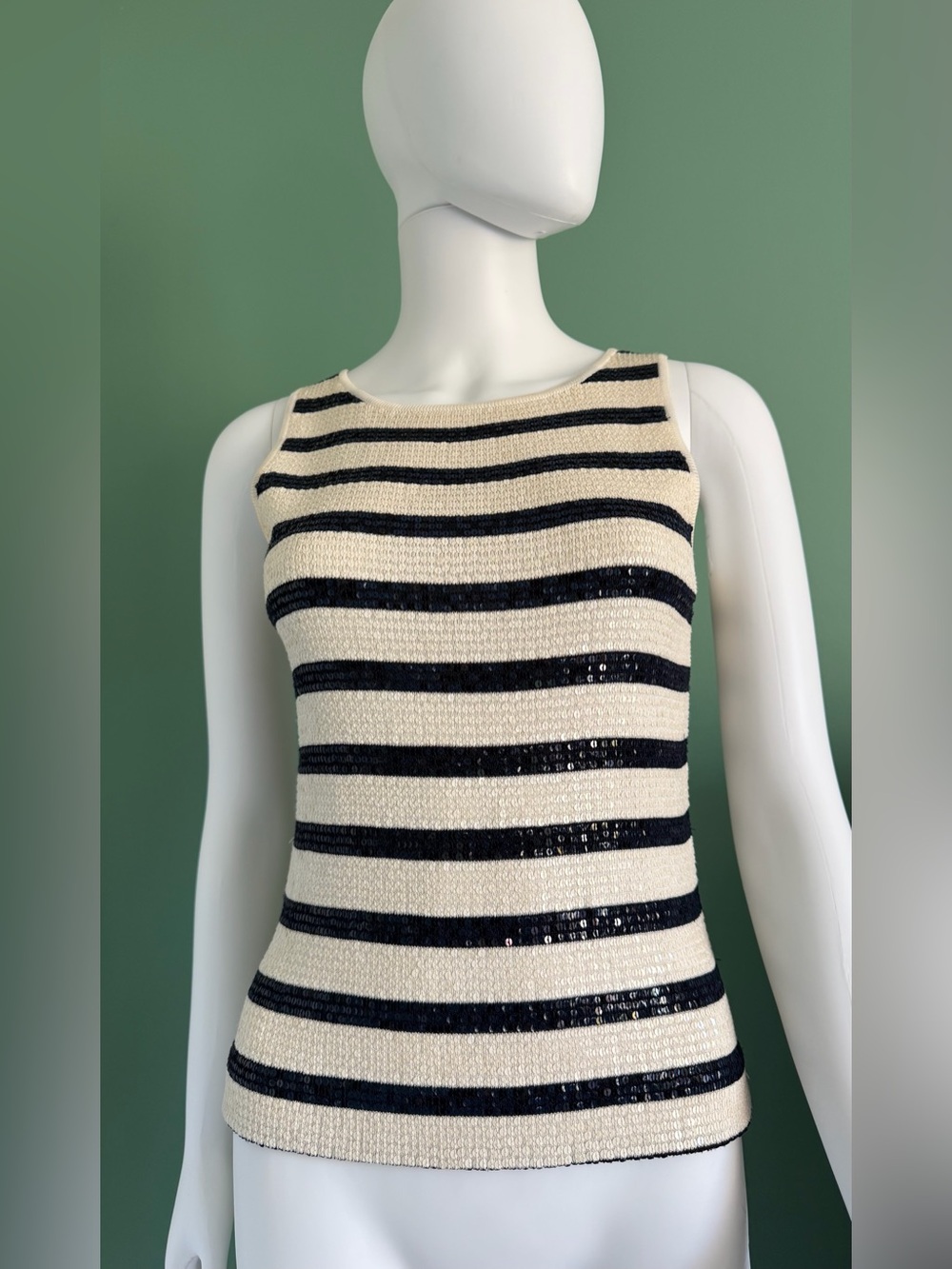Carmen Marc Valvo Women’s Cream and Black Striped Sequin Tank Top